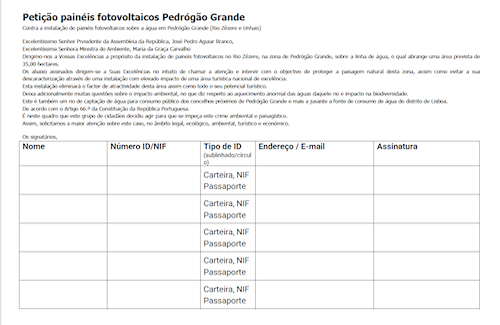 Form to collect signatures for petition